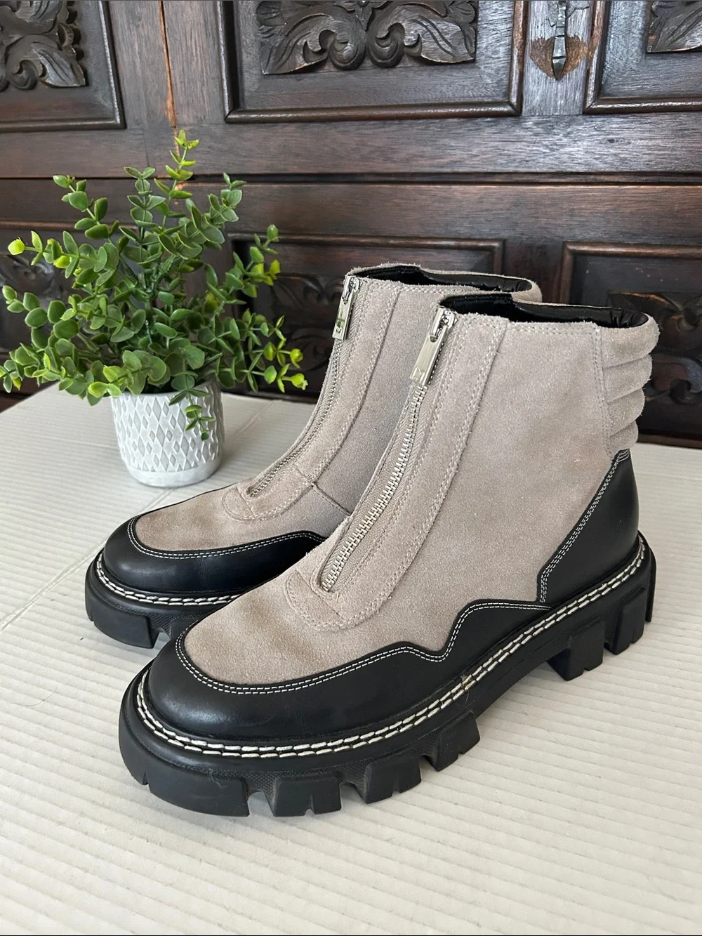 Marc Fisher Taupe Suede and Black Leather Lug-Zip Ankle Boots